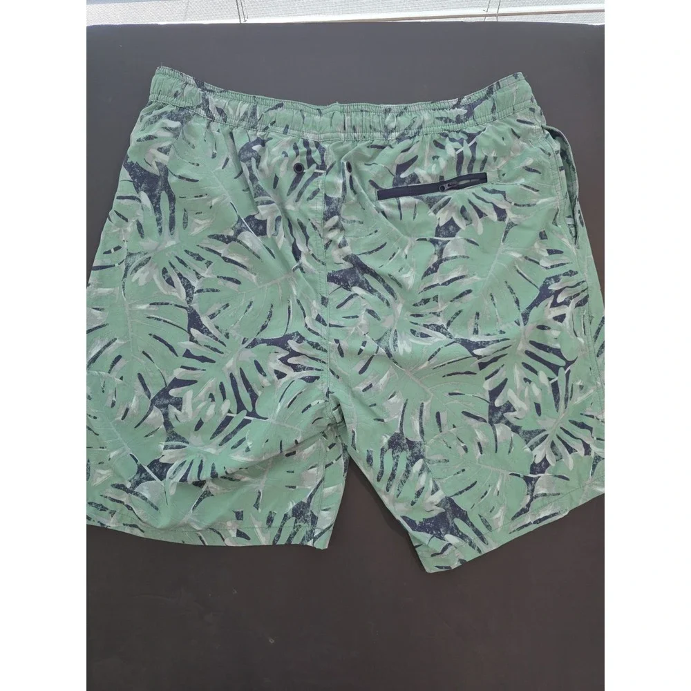 Mens Kirkland Swim Trunks Green Blue Leaf Print SzL‎ Elastic Lined BackZipPocket
